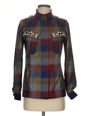 CAbi Multicolor Plaid Pearl-Embellished Utility Jacket Shacket Fall Preppy